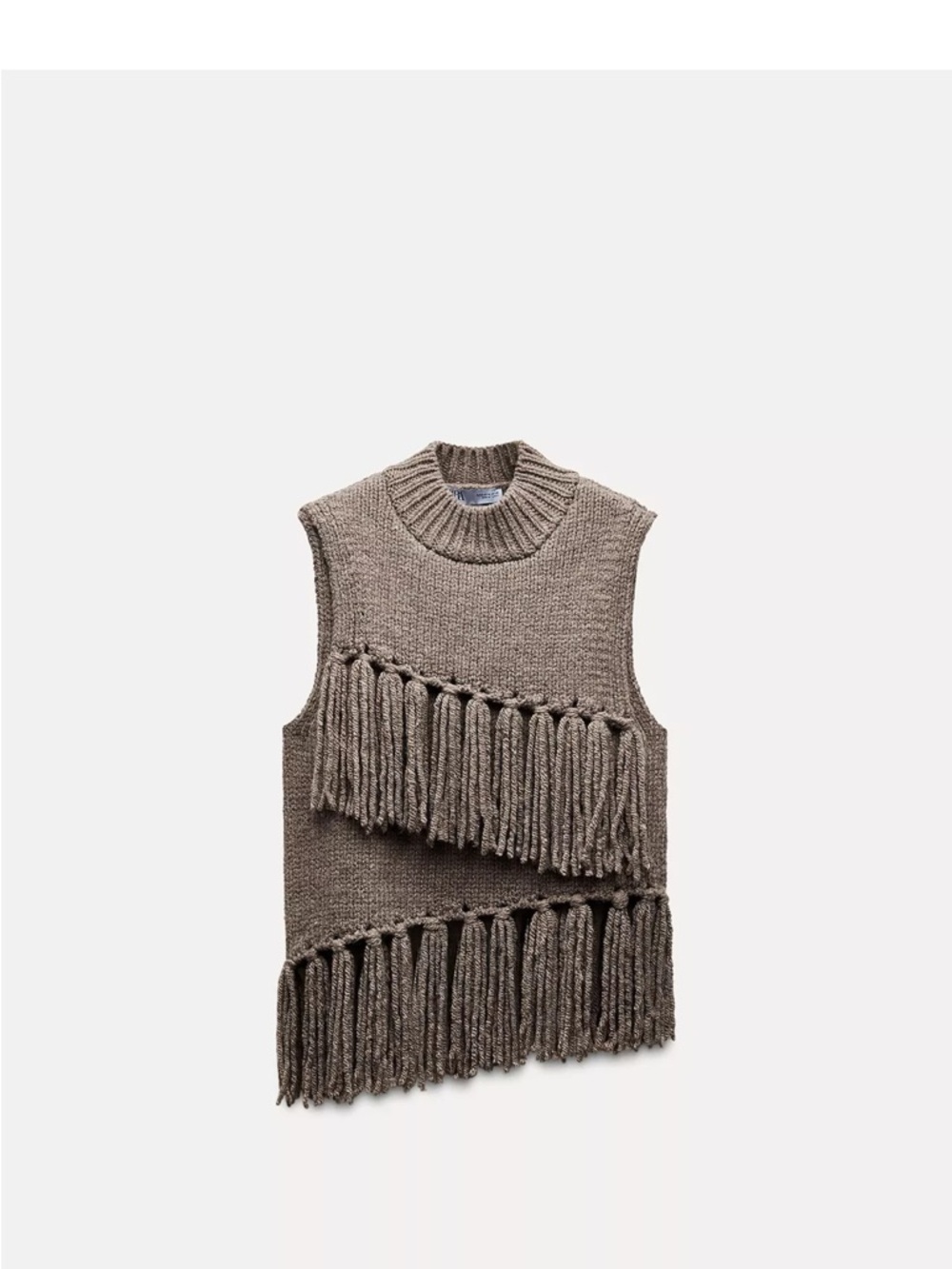 Zara Taupe Fringed Knit Sleeveless Sweater Vest